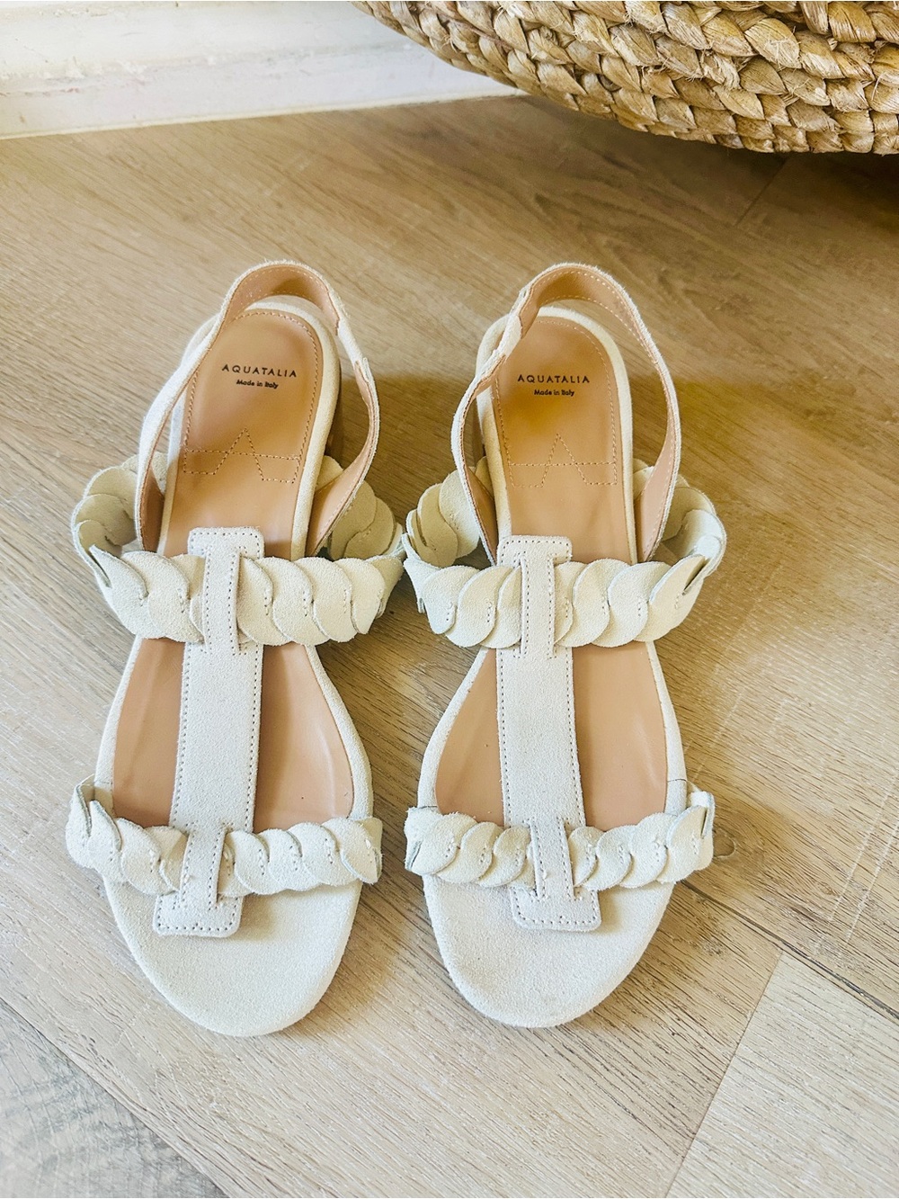 Aquatalia Suede Made in Italy Cream Braided T-Strap Slingback Sandals